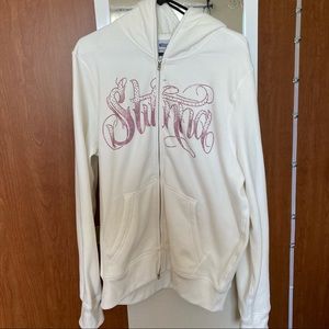 STUNNA WHITE ZIP UP HOODIE WITH PINK RHINESTONES
